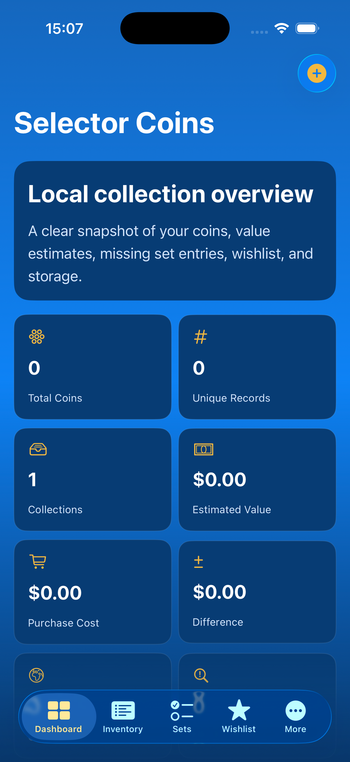 Selector Coins Manager dashboard showing local collection overview