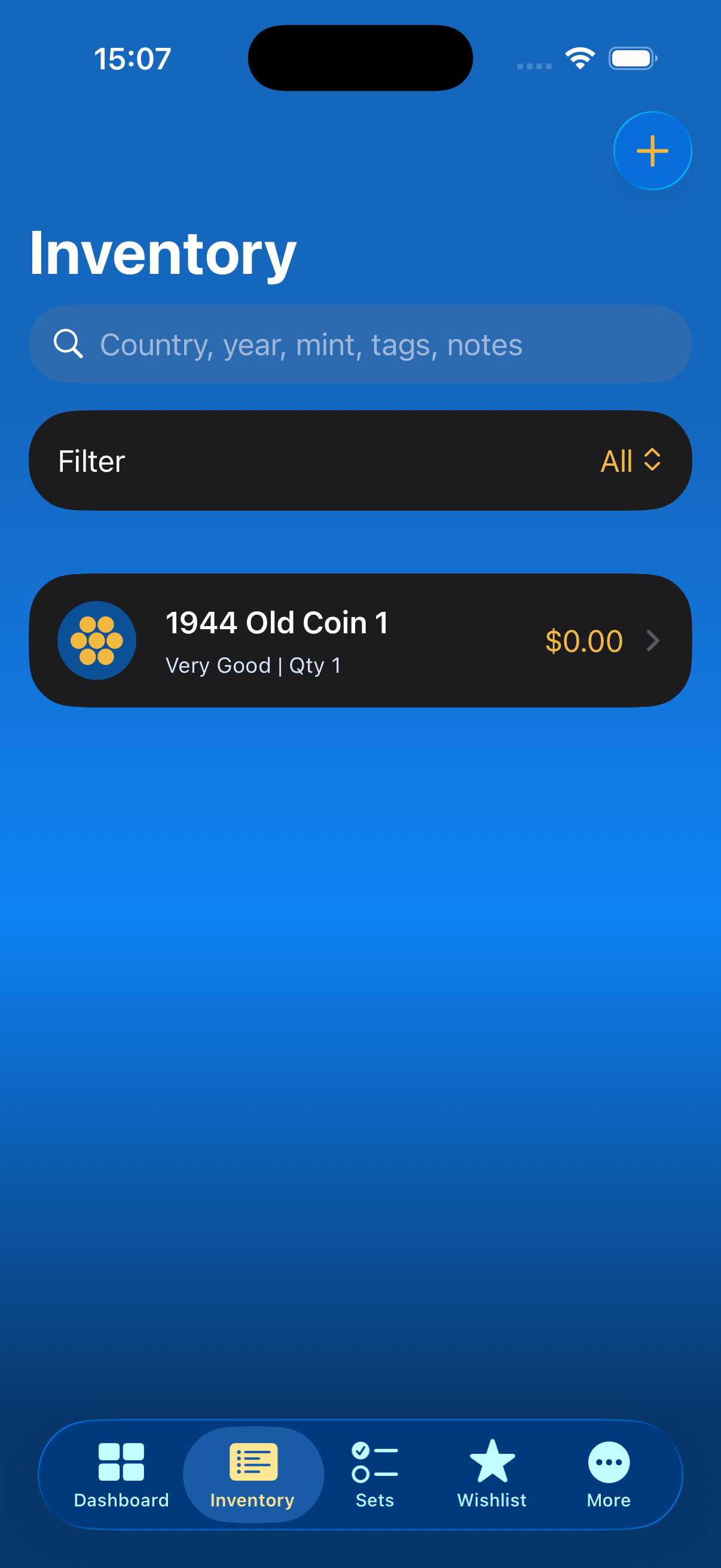 Inventory list with coin search and filter